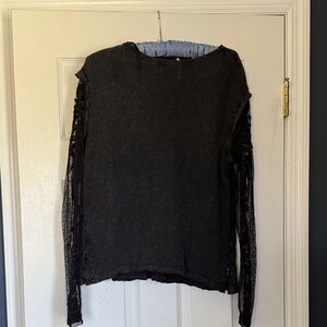 Free People Black Long Sleeve Lace-Sleeve Sweatshirt
